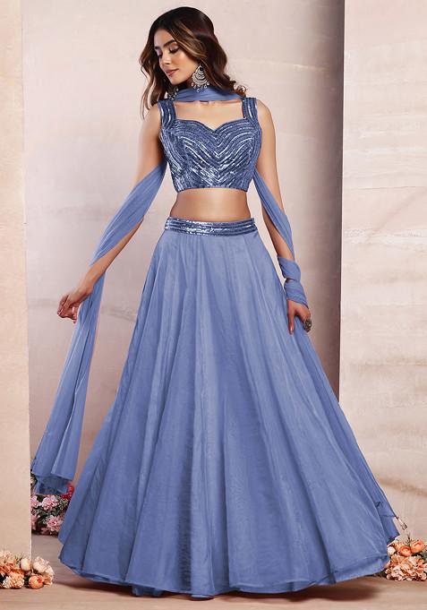 Steel Blue Organza Lehenga Set With Sequin Hand Embroidered Blouse And Mesh Dupatta