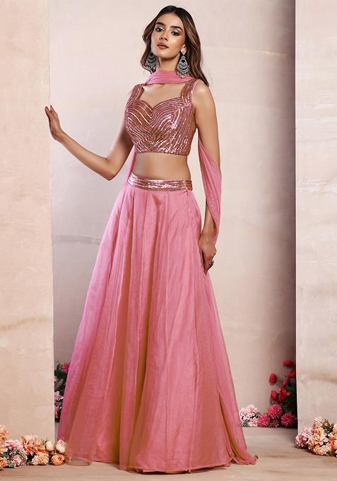 Pink Organza Lehenga Set With Sequin Hand Embroidered Blouse And Mesh Dupatta