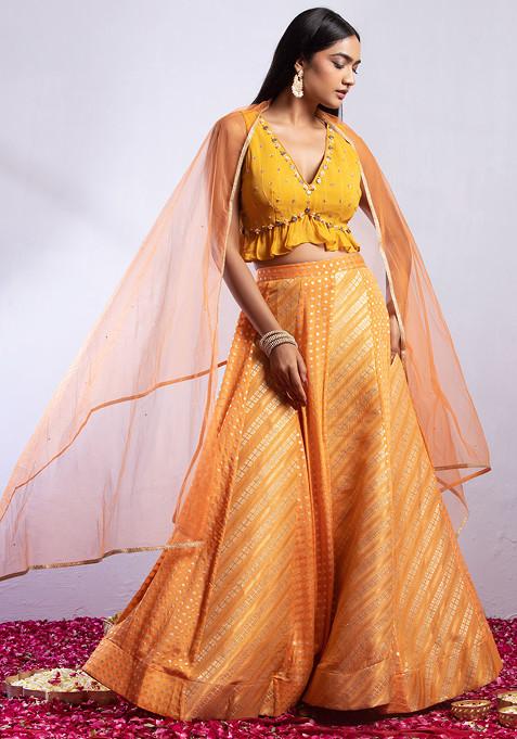 Orange Brocade Lehenga Set With Contrast Sequin Embellished Blouse And Dupatta