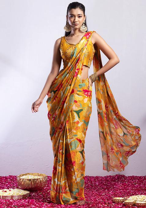 Mustard Yellow Floral Print Pre-Stitched Saree Set With Sequin Embellished Blouse