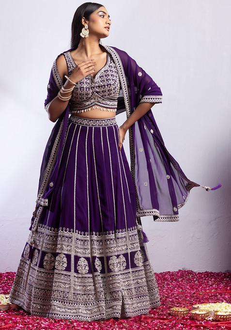 Purple Swarovski Thread Embellished Lehenga Set With Embroidered Blouse And Dupatta