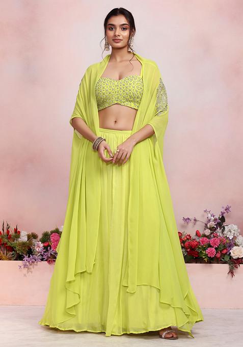 Lime Green Lehenga Set With Sequin Pearl Hand Embroidered Blouse And Jacket