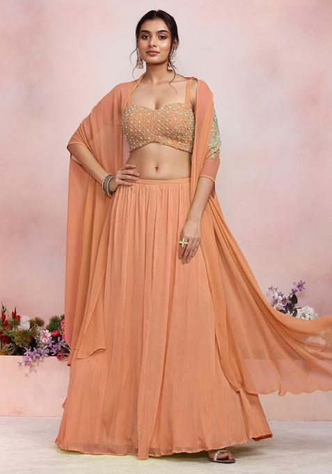 Salmon Pink Lehenga Set With Sequin Pearl Hand Embroidered Blouse And Jacket