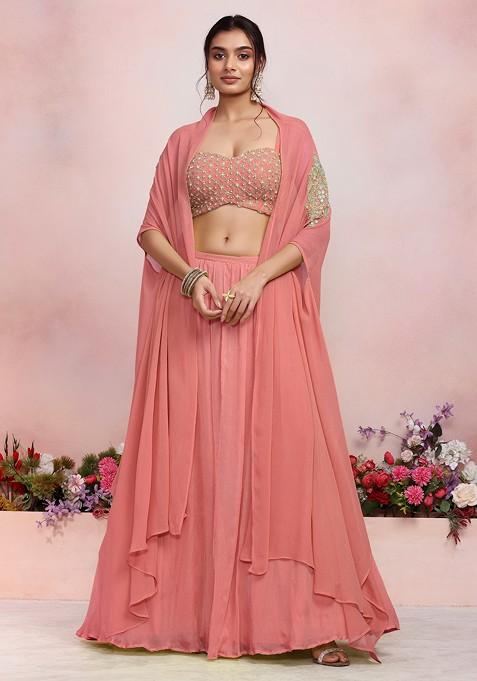 Blush Pink Lehenga Set With Sequin Pearl Hand Embroidered Blouse And Jacket