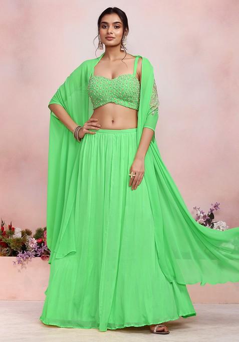 Light Green Lehenga Set With Sequin Pearl Hand Embroidered Blouse And Jacket