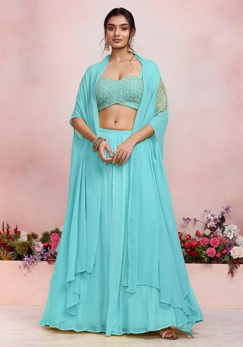 Sky Blue Lehenga Set With Sequin Pearl Hand Embroidered Blouse And Jacket