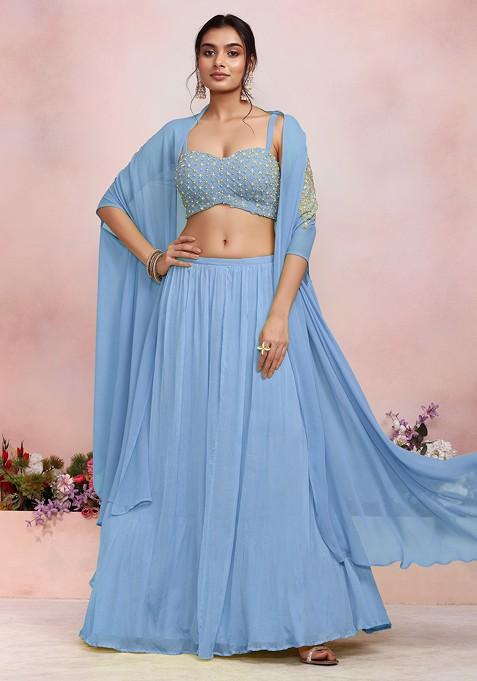 Steel Blue Lehenga Set With Sequin Pearl Hand Embroidered Blouse And Jacket