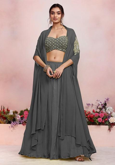 Charcoal Black Lehenga Set With Sequin Pearl Hand Embroidered Blouse And Jacket