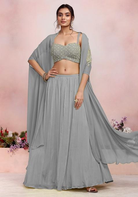 Grey Lehenga Set With Sequin Pearl Hand Embroidered Blouse And Jacket
