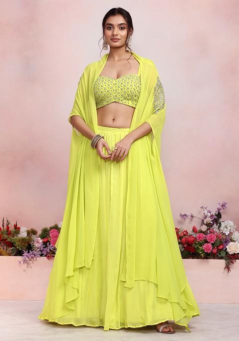 Yellow Lehenga Set With Sequin Pearl Hand Embroidered Blouse And Jacket