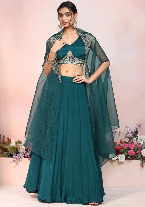 Bottle Green Lehenga Set With Zari Sequin Hand Embroidered Blouse And Jacket