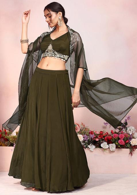 Copper Lehenga Set With Zari Sequin Hand Embroidered Blouse And Jacket