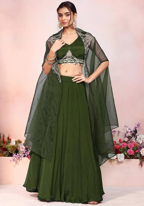 Olive Green Lehenga Set With Zari Sequin Hand Embroidered Blouse And Jacket