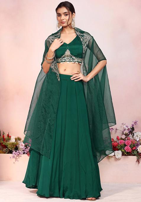 Emerald Green Lehenga Set With Zari Sequin Hand Embroidered Blouse And Jacket