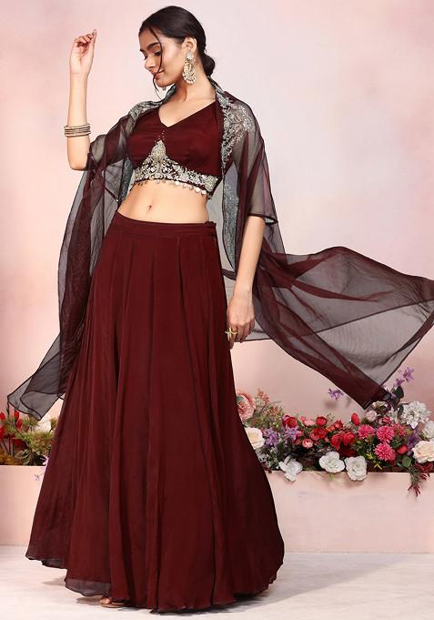 Crimson Red Lehenga Set With Zari Sequin Hand Embroidered Blouse And Jacket