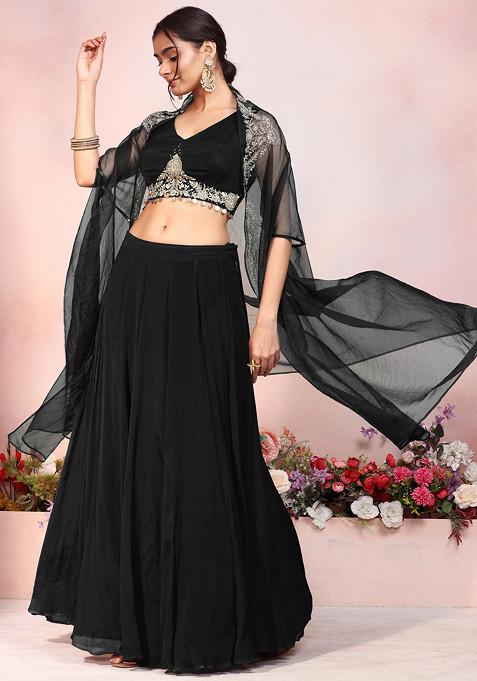Black Lehenga Set With Zari Sequin Hand Embroidered Blouse And Jacket