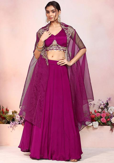 Hot Pink Lehenga Set With Zari Sequin Hand Embroidered Blouse And Jacket