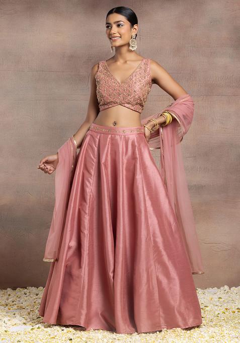 Rusty Rose Silk Lehenga Set With Hand Embroidered Blouse And Mesh Dupatta