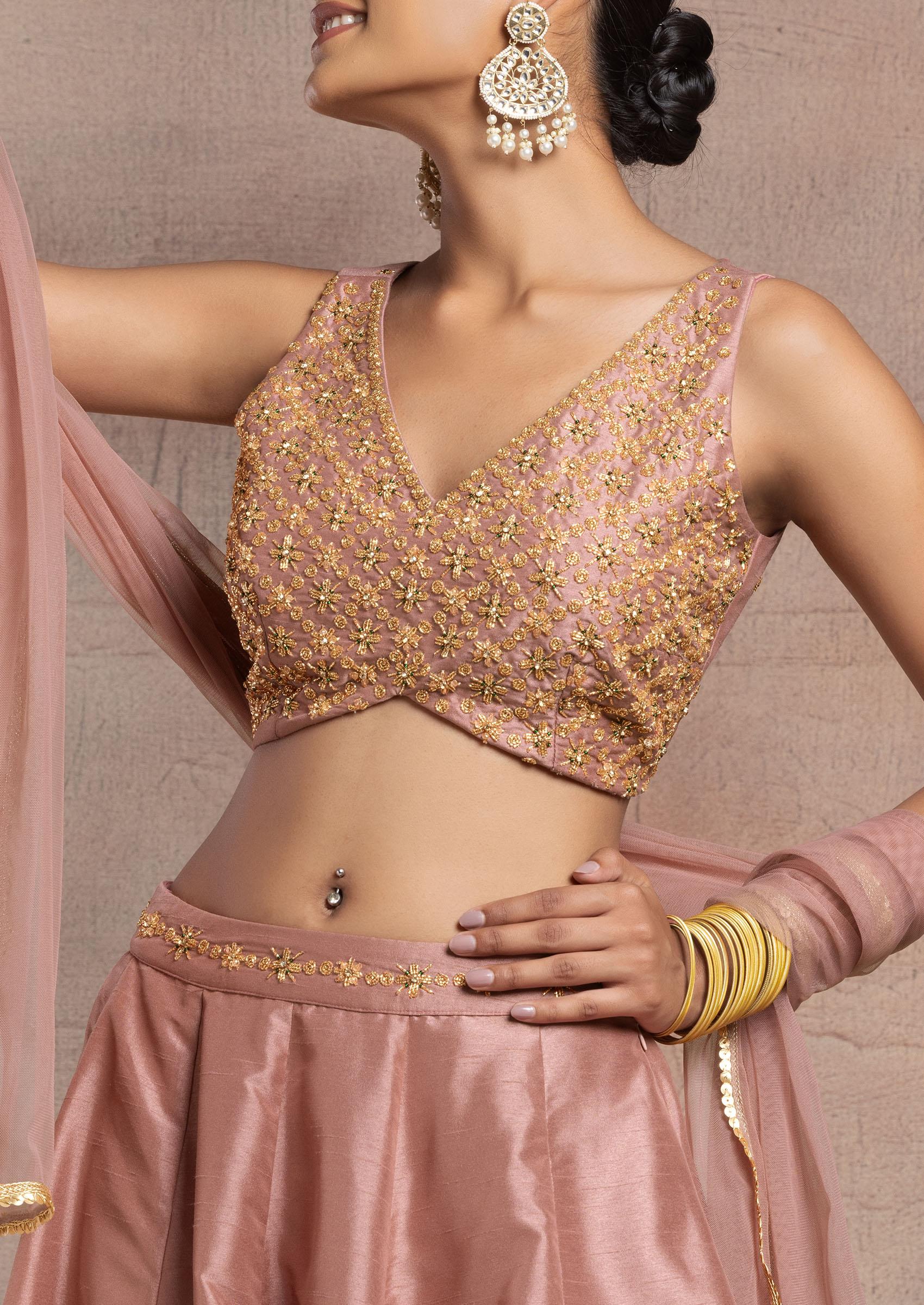 Buy Women Rusty Rose Silk Lehenga Set With Hand Embroidered Buy Women Rusty Rose Silk Lehenga Set With Hand Embroidered