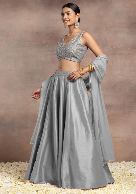 Grey Silk Lehenga Set With Hand Embroidered Blouse And Mesh Dupatta