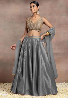 Charcoal Black Silk Lehenga Set With Hand Embroidered Blouse And Mesh Dupatta