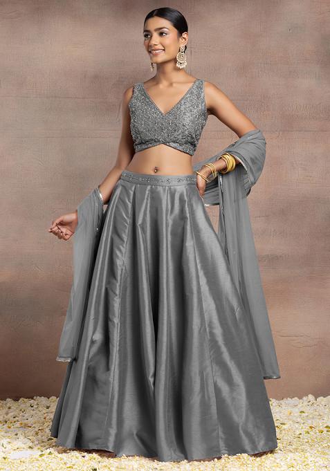 Charcoal Black Silk Lehenga Set With Hand Embroidered Blouse And Mesh Dupatta