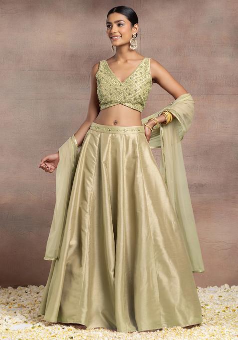 Light Olive Silk Lehenga Set With Hand Embroidered Blouse And Mesh Dupatta