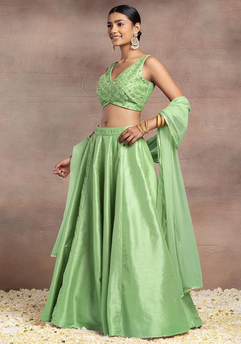 Light Green Silk Lehenga Set With Hand Embroidered Blouse And Mesh Dupatta