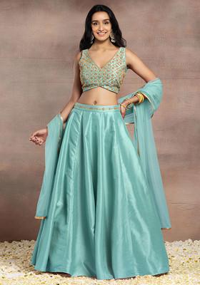 Light Blue Silk Lehenga Set With Hand Embroidered Blouse And Mesh Dupatta
