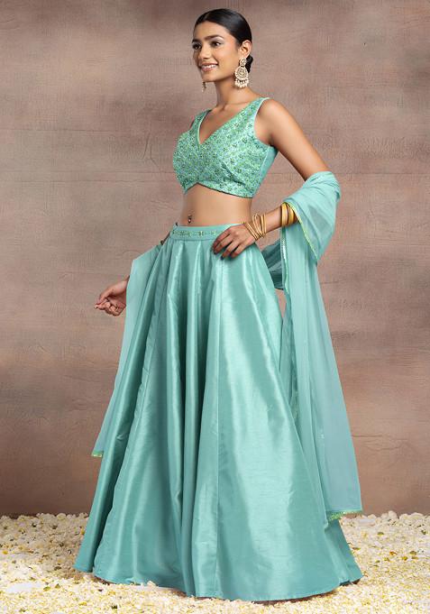 Light Blue Silk Lehenga Set With Hand Embroidered Blouse And Mesh Dupatta