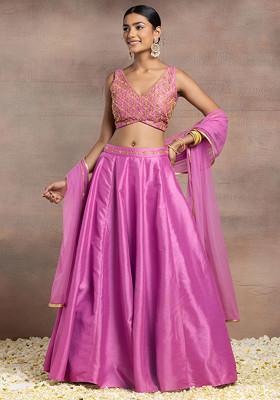 Hot Pink Silk Lehenga Set With Hand Embroidered Blouse And Mesh Dupatta