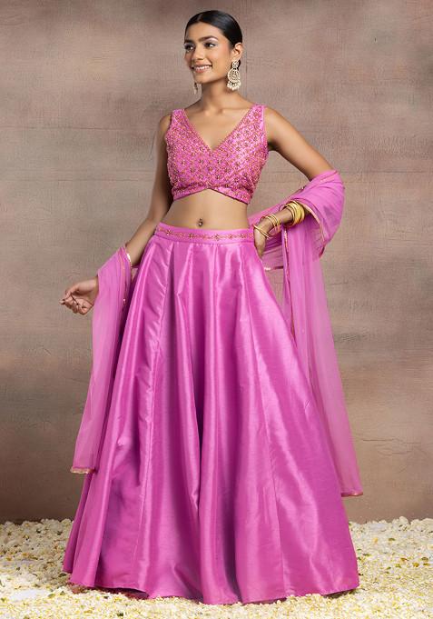 Hot Pink Silk Lehenga Set With Hand Embroidered Blouse And Mesh Dupatta