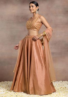Peach Silk Lehenga Set With Hand Embroidered Blouse And Mesh Dupatta