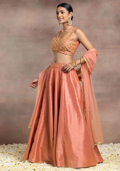 Peach Silk Lehenga Set With Hand Embroidered Blouse And Mesh Dupatta