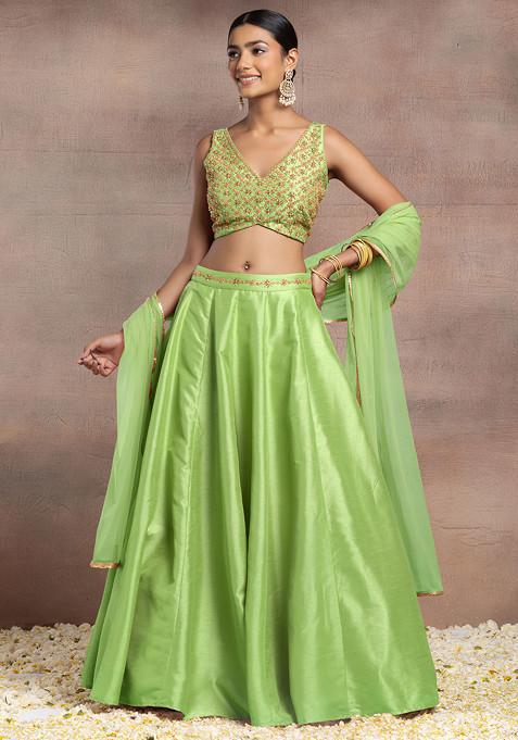 Pastel Green Silk Lehenga Set With Hand Embroidered Blouse And Mesh Dupatta