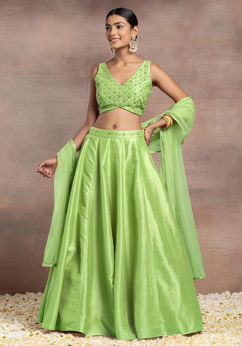 Pastel Green Silk Lehenga Set With Hand Embroidered Blouse And Mesh Dupatta