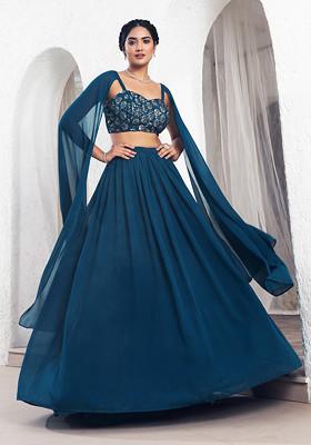 Teal Blue Lehenga Set With Swarovski Hand Embroidered Cape Sleeve Blouse
