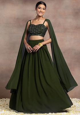Olive Green Lehenga Set With Swarovski Hand Embroidered Cape Sleeve Blouse