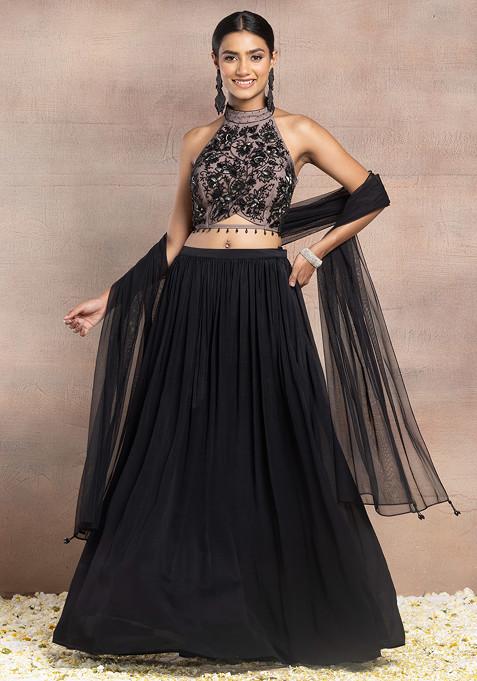Black Lehenga Set With Floral Hand Embroidered Halter Blouse And Dupatta