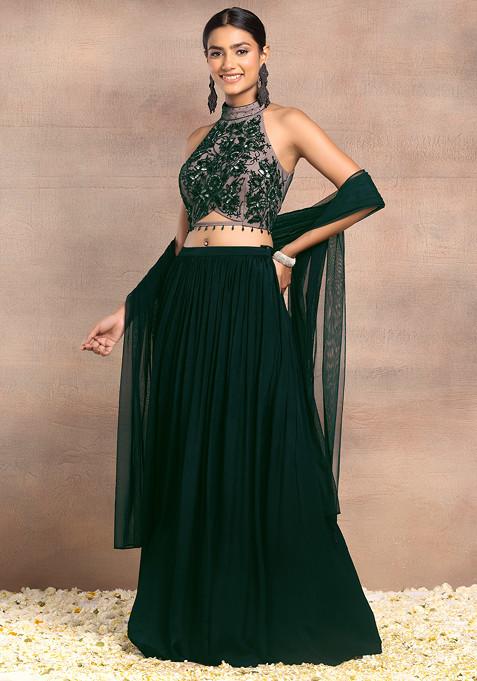 Emerald Green Lehenga Set With Floral Hand Embroidered Halter Blouse And Dupatta