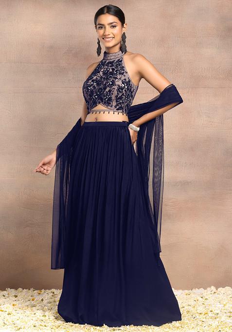 Indigo Blue Lehenga Set With Floral Hand Embroidered Halter Blouse And Dupatta