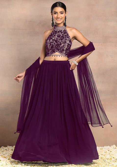 Purple Lehenga Set With Floral Hand Embroidered Halter Blouse And Dupatta