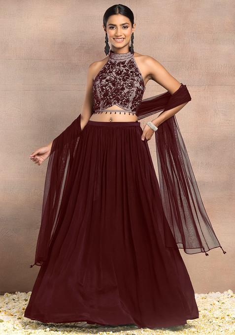 Maroon Lehenga Set With Floral Hand Embroidered Halter Blouse And Dupatta