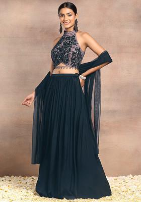 Teal Blue Lehenga Set With Floral Hand Embroidered Halter Blouse And Dupatta