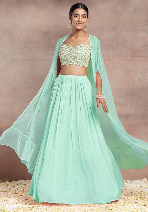 Mint Green Lehenga Set With Sequin Pearl Hand Embroidered Blouse And Mesh Jacket