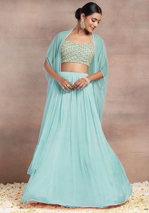 Light Blue Lehenga Set With Sequin Pearl Hand Embroidered Blouse And Mesh Jacket