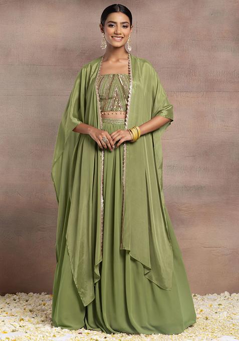 Olive Lehenga Set With Sequin Hand Embroidered Blouse And Cape