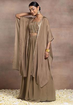 Light Brown Lehenga Set With Sequin Hand Embroidered Blouse And Cape