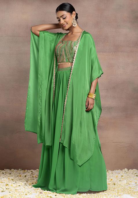 Green Lehenga Set With Sequin Hand Embroidered Blouse And Cape