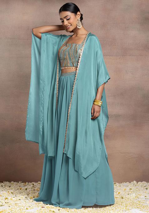 Light Blue Lehenga Set With Sequin Hand Embroidered Blouse And Cape